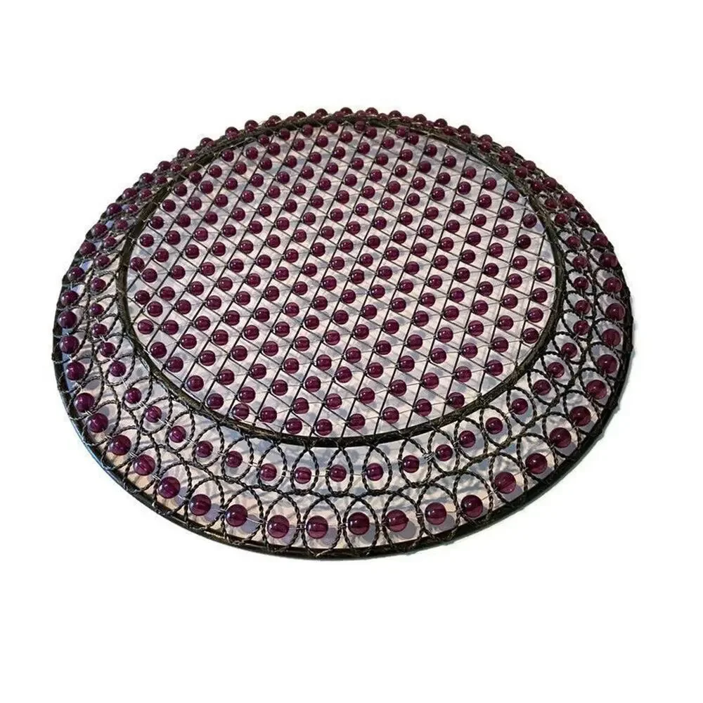 Vtg Purple Beaded Serving Trays 70s Paisley Decorative Set of 2 Hippie 70s